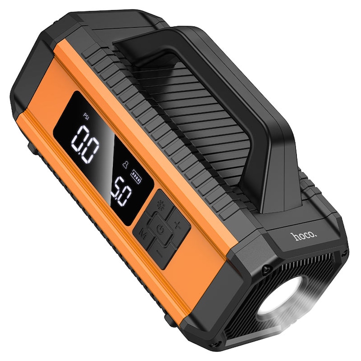 Starter auto Hoco QS4, compresor aer, baterie externa 10000mAh, ecran LED, 12V, curent maxim 800A, Type-C, USB-A, lanterna, negru