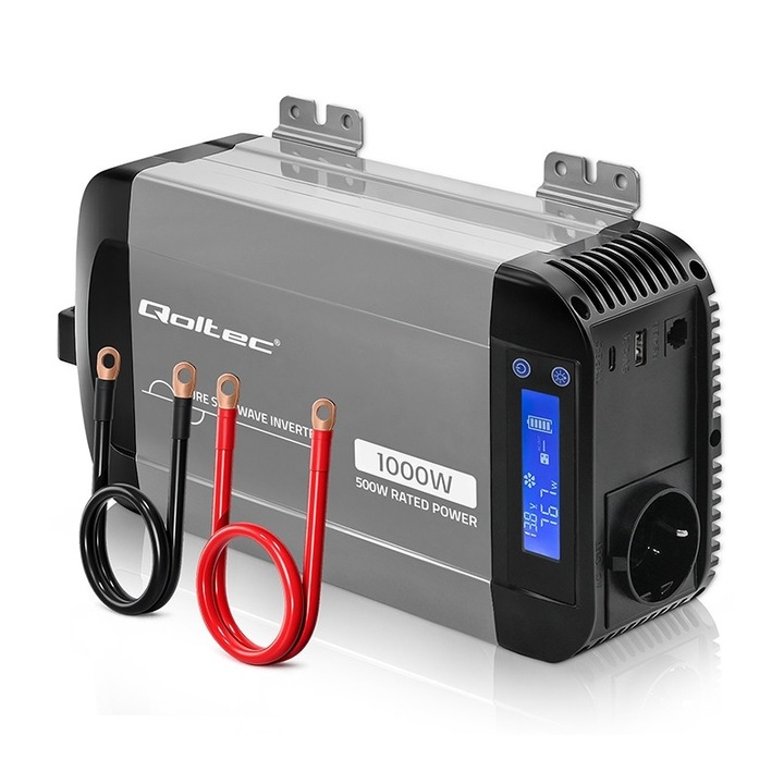 Tiszta szinuszhullámú inverter Qoltec, 12 V – 230 V, 500/1000 W, LCD kijelző, USB, USB-C, Akkumulátorokkal kompatibilis L