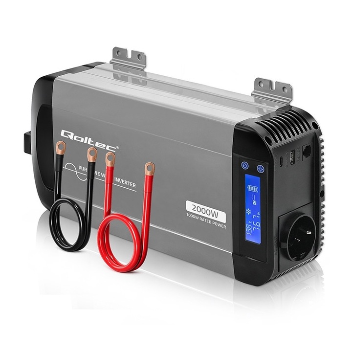 Tiszta szinuszhullámú inverter Qoltec, 12 V – 230 V, 1000/2000 W, LCD kijelző, USB, USB-C, Akkumulátorokkal kompatibilis