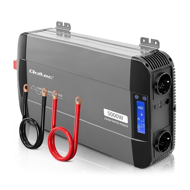 Tiszta szinuszhullámú inverter Qoltec, 12 V – 230 V, 2500/5000 W, LCD kijelző, USB, USB-C, Akkumulátorokkal kompatibilis