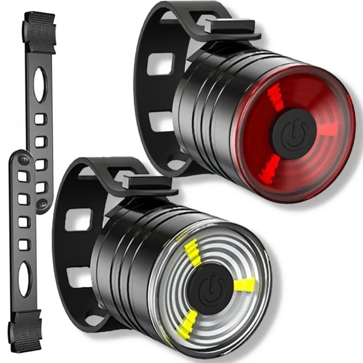 Set lumini bicicleta fata-spate, LED, 3 moduri luminare, alimentare pe baterii, IPX4, plastic, 10x7x5 cm