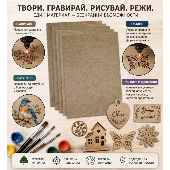 Комплект HDF, Favo, За моделиране, лазерно рязане, пирография, гравиране и др., формат А6, 2.8 мм., 5 броя