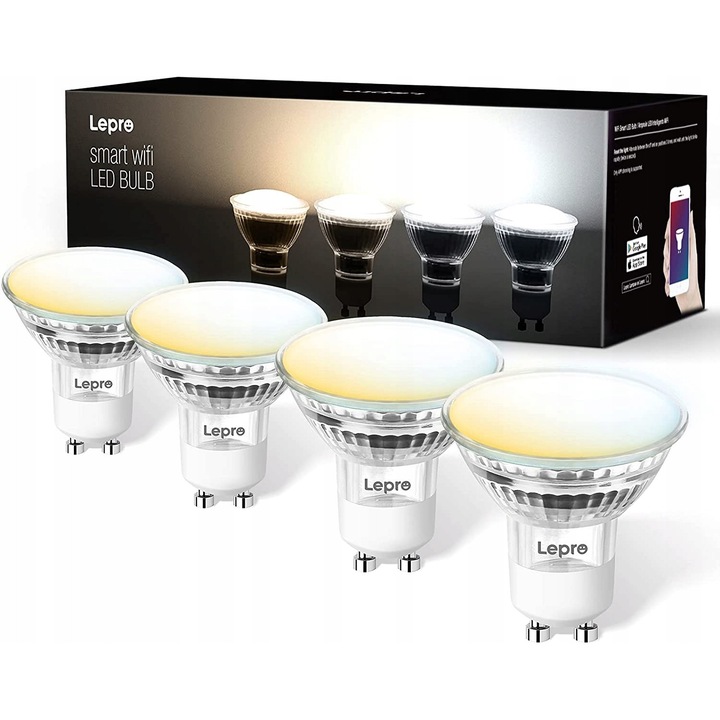 4 db Lepro WiFi GU10 LED izzó készlet, szabályozható, fehér, 4,5W, 385lm