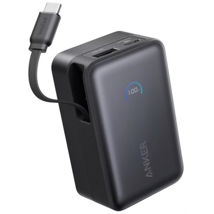 Anker nano vésztöltő usb+type-c aljzat, 10000mah, 45w, gyorstöltő 2.0, led kijelző + fix type-c kábel, fekete
