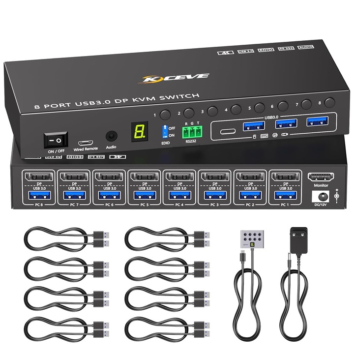 MLEEDA DisplayPort KVM kapcsoló, 8 PC 1 monitorhoz, 4K Ultra HD 60Hz, 8 szett DisplayPort + USB bemenet, 4 USB 3.0 5Gbps port, EDID szimuláció, audio, RS232, vezetékes távirányító, LED kijelző, 12V/2A tápegység, fém ház, fekete