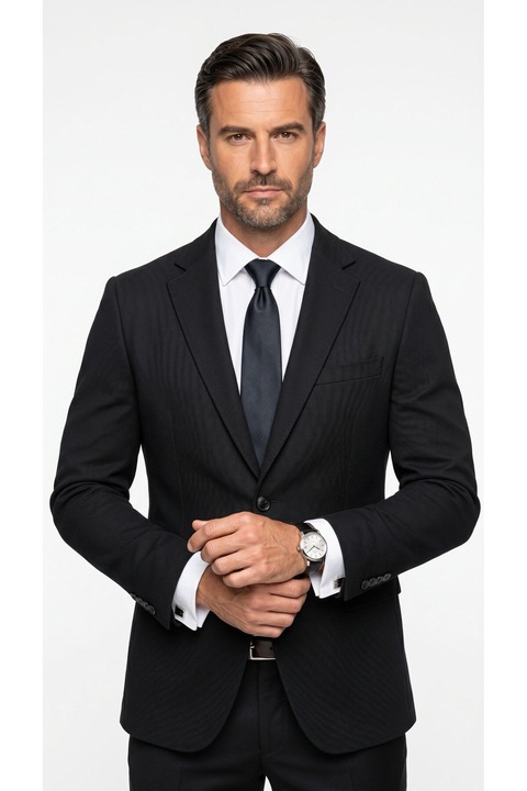 Sacou barbatesc slim fit, albastru, din material texturat premium, Negru