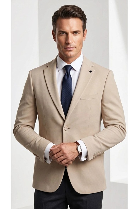 Sacou barbatesc slim fit, bej, din material texturat premium, marimea 48