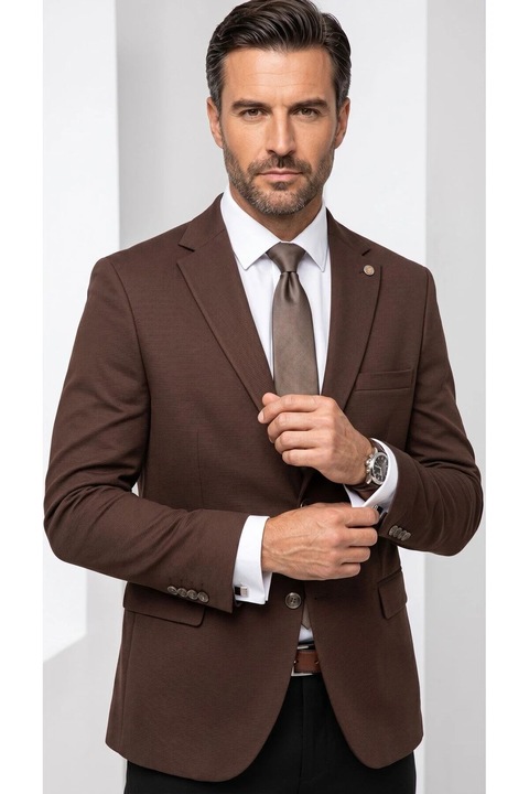 Sacou barbatesc slim fit, maro, din material texturat premium, marimea 50