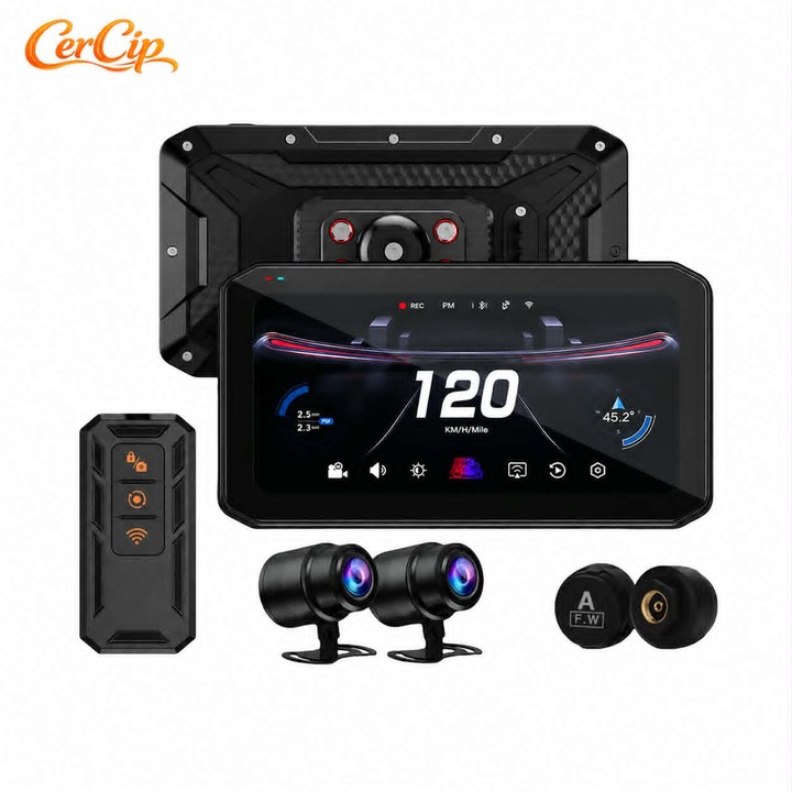 Motor navigációs rendszer CerCip MT9, Carplay/Android Auto, Octa-Core, GPS, IP67 vízállóság, 2K kamerák, keréknyomás-érzékelők, Wifi, BSD, 6, 25 hüvelyk, érintőképernyő, Mirror Link