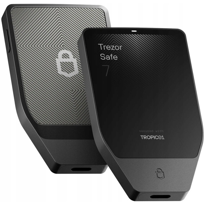 Trezor Safe 7 (I5OHRLLSOOD) kriptovaluta hardvertárca 2,5 hüvelykes 250×380 érintőképernyővel, Bluetooth, Qi2 vezeték nélküli töltés, USB-C, TROPIC01 chip, alumínium, IP67, 330 mAh LiFePO4 akkumulátor, fekete
