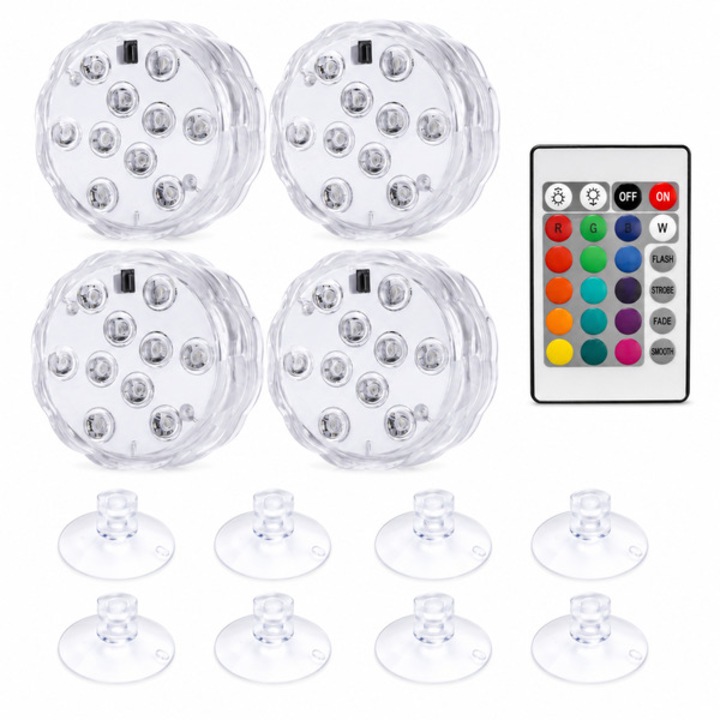 Vízálló lámpa, LED-es, távirányítóval, RGB-s, 4 lámpa és 8 tapadókorong a csomagban, 16 szín, víz alatt használható, 4 mód (vaku, stroboszkóp, halványítás, sima) - SHEINAQUACUPS HOME & MARKER®