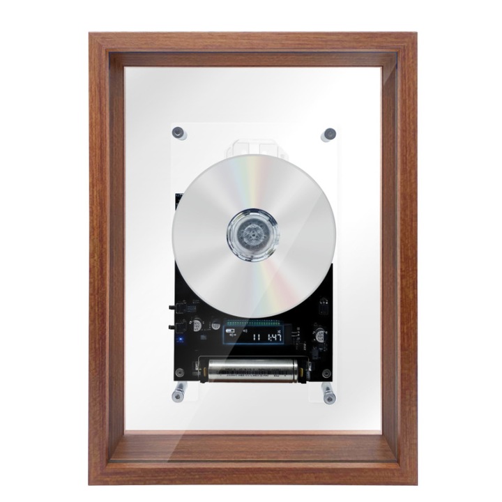 CD lejátszó, Bytelike, falra szerelhető, átlátszó akril képkerettel, Bluetooth 5.0 funkcióval, modern minimalista design, beépített Hi-Fi hangszórók, távirányítóval