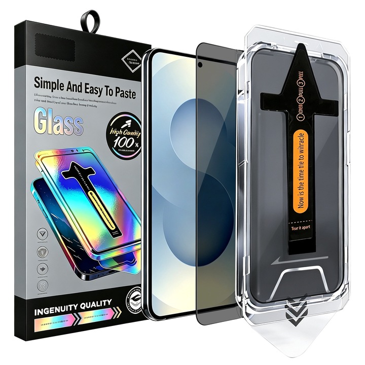 Folie Sticla Privacy pentru Samsung Galaxy S25, cu kit de montare instant si indepartare automata a prafului, Anti-Spy / Anti-Vizualizare Laterala, sticla temperata