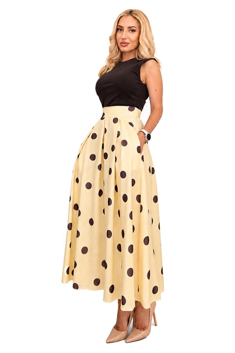Petronela hosszú pöttyös szoknya, masni a derékon és zsebek, Sárga, Univerzális méret S/M/L, FY FashionForYou