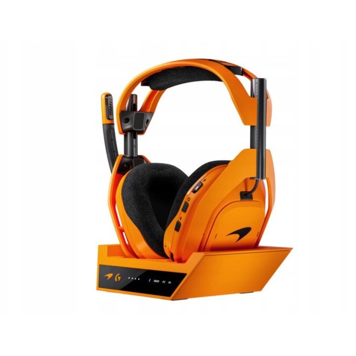 Безжични гейминг слушалки Logitech A50 X McLaren Racing Edition (DV986BTKBG) Lightspeed, PlaySync, 2.4 GHz/Bluetooth/USB-A, микрофон 48 kHz, зареждане USB-C, автономност до 24 ч, оранжево-черни