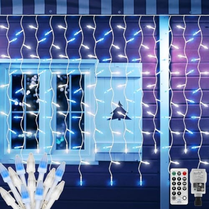 CORST® 6 x 1 m fényfüzér függöny, 300 LED, kék és fehér, távirányító, 8 világítási mód, IP44, csatlakoztatható, beltéri és kültéri használatra