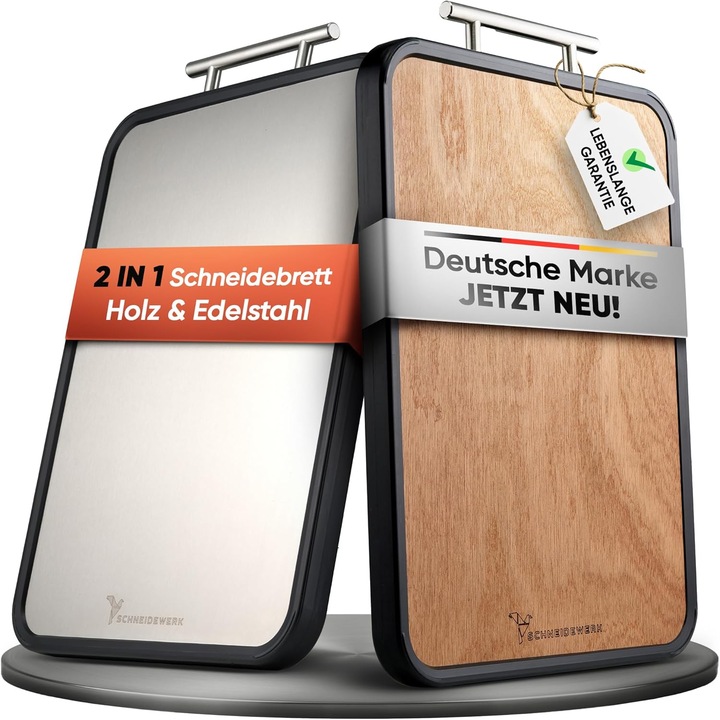 Tocator Dublu Fata Lemn & Inox - 2 in 1, Anti-alunecare, Sant Lichide