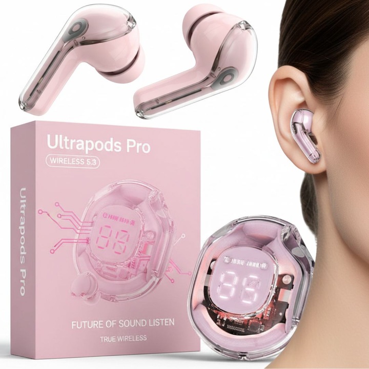 Ultrapods Pro Bluetooth 5.3 vezeték nélküli fülhallgató, átlátszó, pasztell rózsaszín, ergonomikus