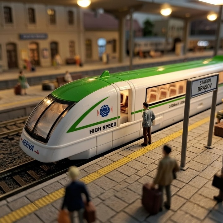 Macheta Tren de Mare Viteza TGV Verde, Scara 1:125, 16 cm, din Metal (Die-Cast) si Plastic, Mecanism Pull-Back, Usa Functionala, VisionXXI