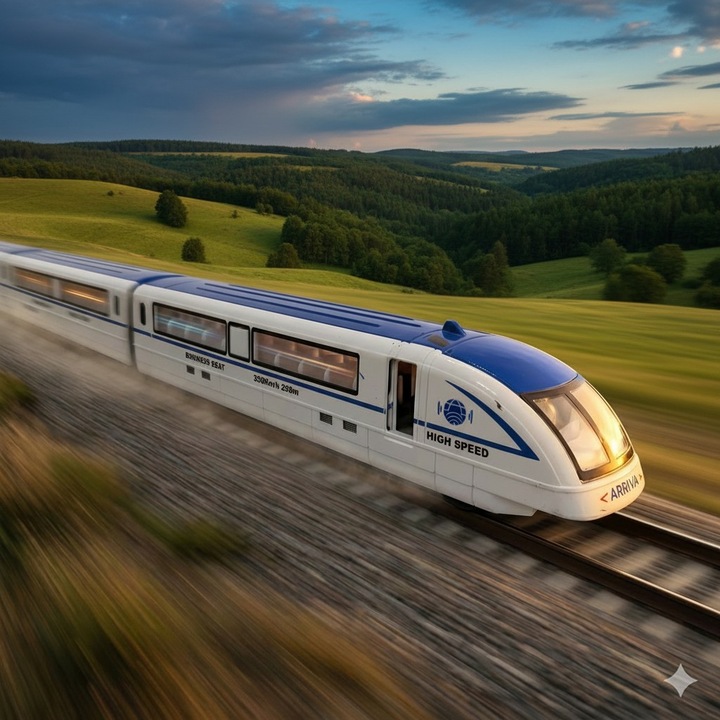 Macheta Tren de Mare Viteza TGV Albastru, Scara 1:125, 16 cm, din Metal (Die-Cast) si Plastic, Mecanism Pull-Back, Usa Functionala, VisionXXI