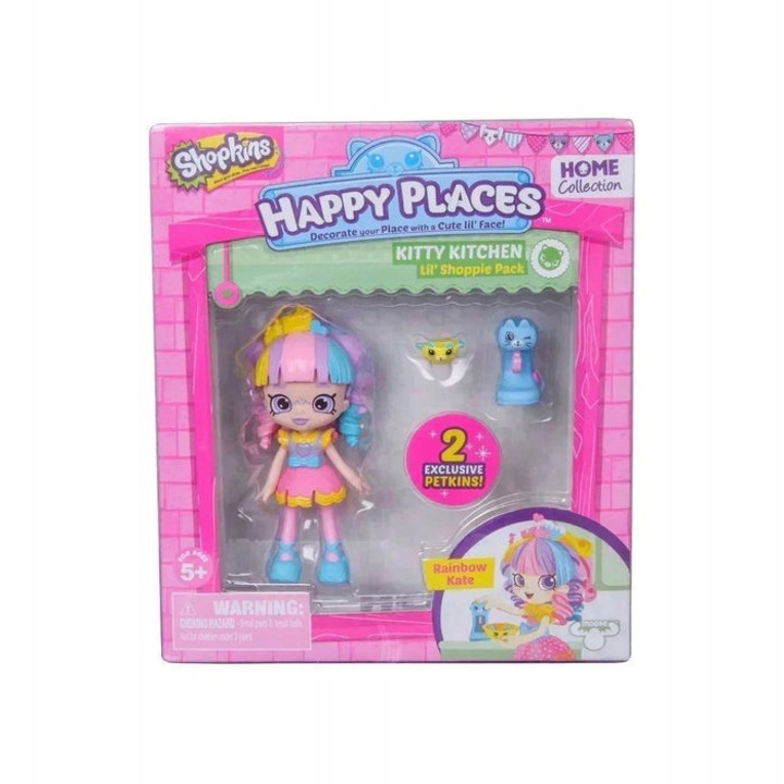 Figurina Shopkins Happy Places Rainbow Kate cu 2 Petkins si suport 16.5x14.5x4cm