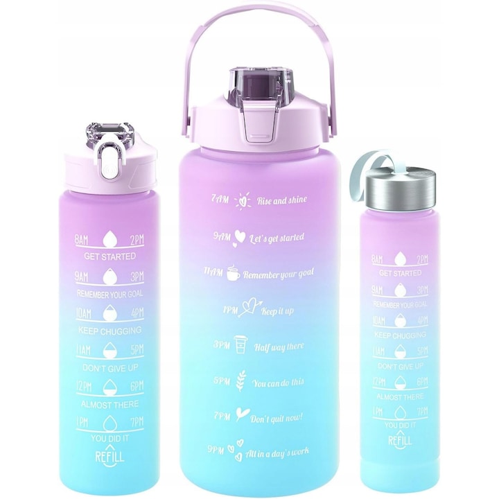 Set 3 sticle sport, 2000ml 900ml 300ml, plastic ombre albastru-mov