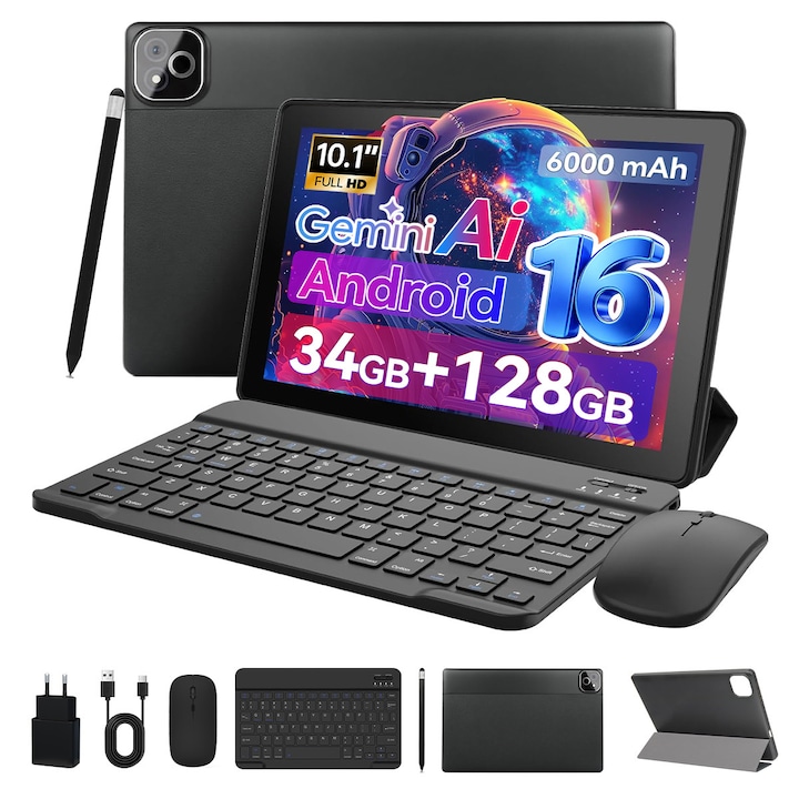 Tableta TT.KIDS X6L Android 16, ecran IPS 10,1 inchi, stocare 128 GB, baterie 6000 mAh, pachet complet: tastatura, mouse, stylus, cablu date, husa protectoare, culoare neagra