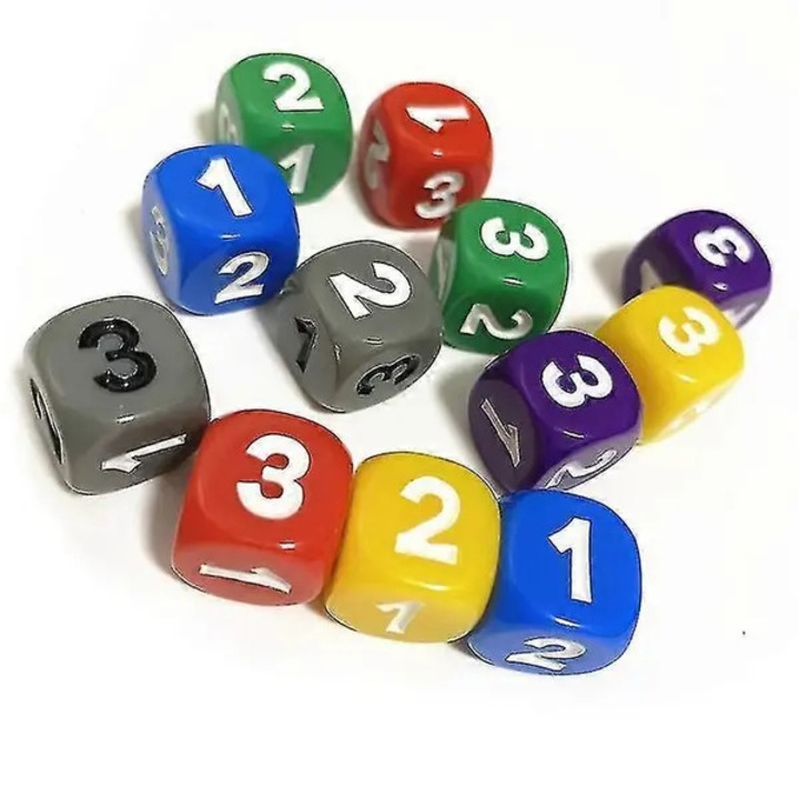 10 db akril kocka készlet, 14x14x14mm, többszínű, 6 oldalú, számok 1 2 3