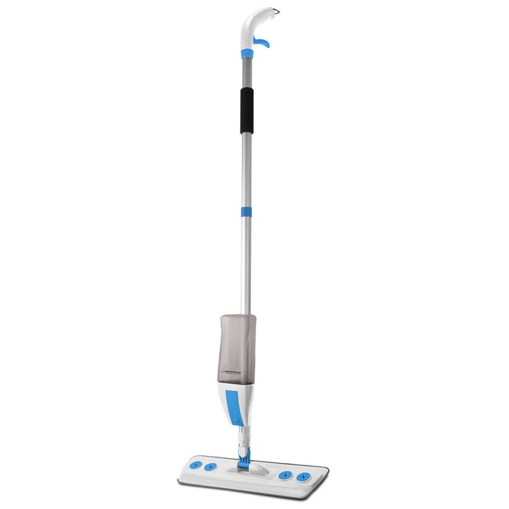 Mop cu pulverizare Perfect Clean, 126 cm, rezervor 600 ml, cap pivotant 360°, pulverizare integrata, laveta din microfibra reutilizabila, Aluminiu, culoare Alb/Albastru
