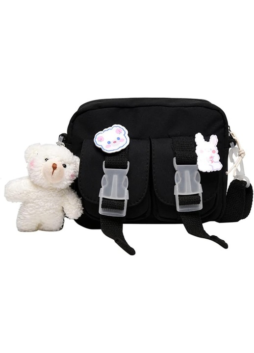 Kawaii crossbody táska tűkkel és mackó medállal, kawaii messenger válltáska lányoknak, aranyos kis Ita táska (fekete)