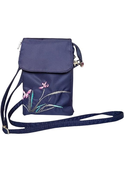 Női crossbody telefontáska, kis nylon hímzett válltáska, vízálló mini mobiltelefon pénztárca, nárcisz-kék