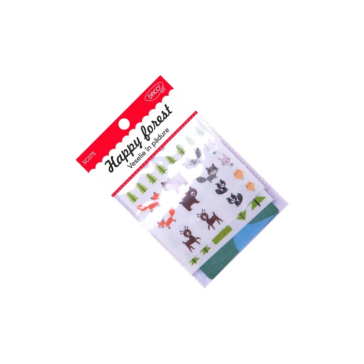 Set creativ pentru copii Veselie in Padure, cu scene din lemn si abtibilduri decorative, ideal pentru activitati handmade, dezvoltarea imaginatiei si indemanarii. DACO sku11