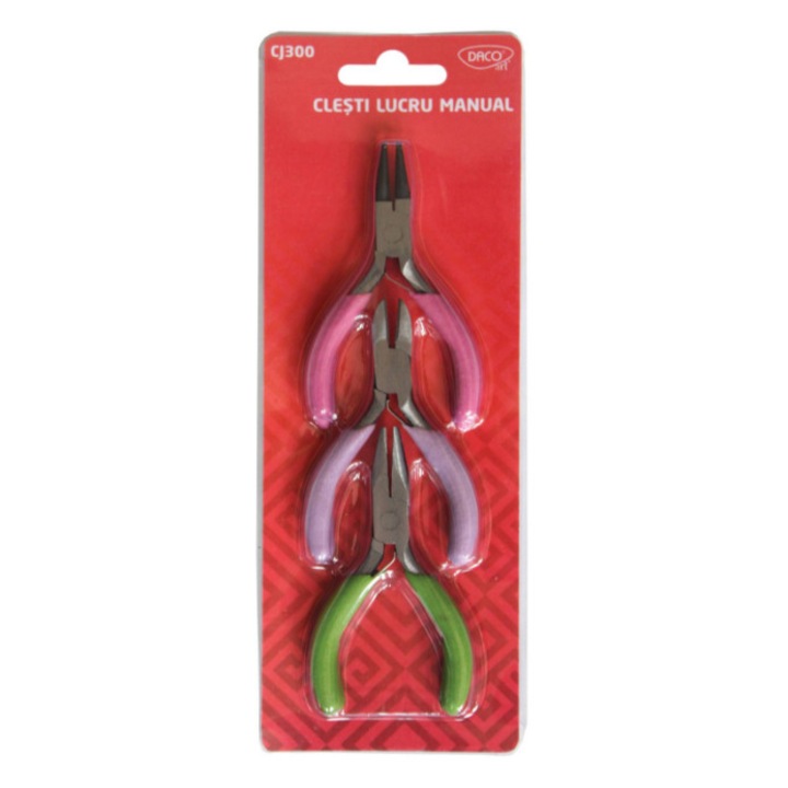 Clesti lucru manual cu manere ergonomice multicolore (roz, mov, verde), dimensiune compacta, pentru bijuterii handmade, craft si proiecte DIY, oferind precizie si control. DACOART sku28