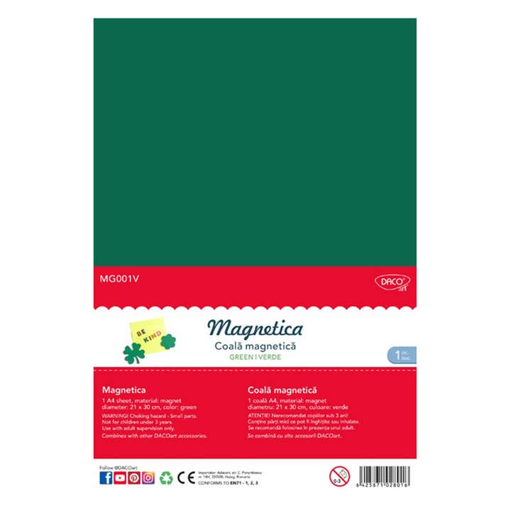 Folie magnetica flexibila A4 Verde, ideala pentru proiecte creative si educative, decorarea suprafetelor metalice si realizarea de elemente personalizate, usor de decupat DACO sku28
