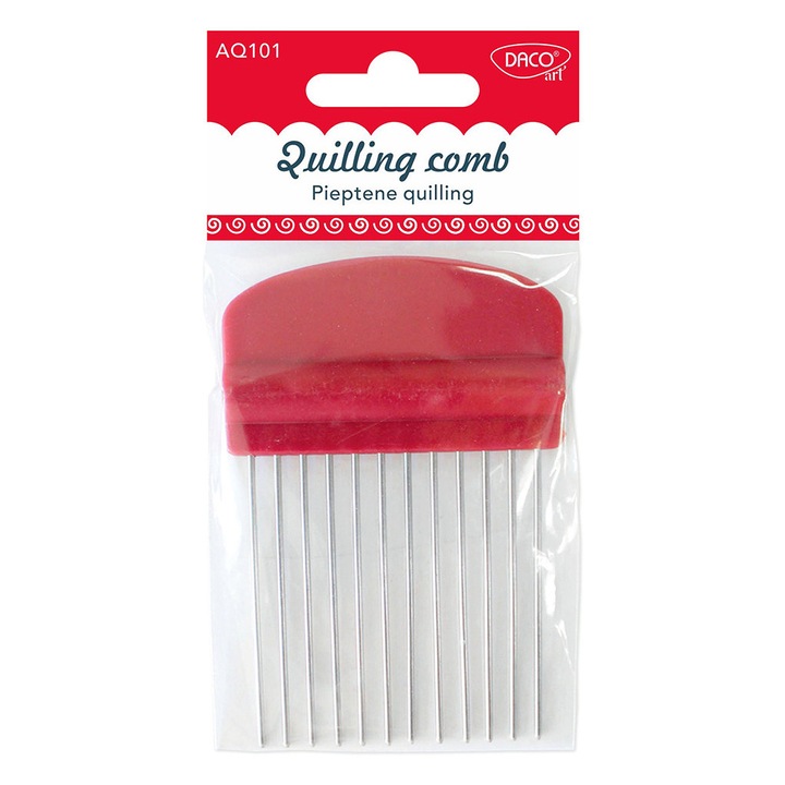 Pieptene Quilling cu maner ergonomic rosu si 12 dinti metalici rezistenti, ideal pentru crearea de modele elegante si detaliate din fasii de hartie in proiecte creative. DACO sku28
