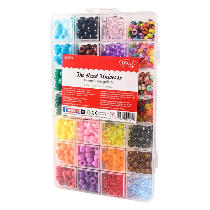 Set creativ Universul Margelelor, cu 28 compartimente de margele viu colorate din plastic, pentru bratari, coliere si accesorii handmade, ideal pentru copii si ateliere de creatie. DACOART sku28