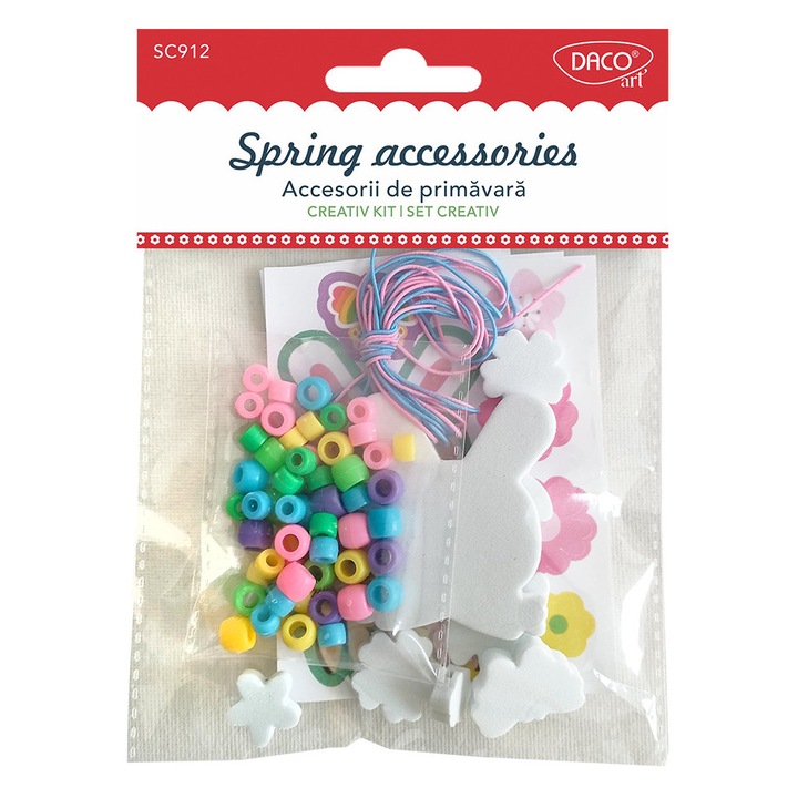 Set creativ Accesorii de primavara pentru copii, cu forme din spuma autoadeziva si margele multicolore, ideal pentru dezvoltarea creativitatii si indemanarii in proiecte DIY. DACO sku28
