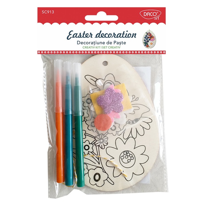 Set creativ Decoratiune de Paste, ornament din lemn, pentru copii, stimuleaza imaginatia si creativitatea, dezvolta coordonarea si indemanarea, ideal pentru activitati festive. DACO sku28