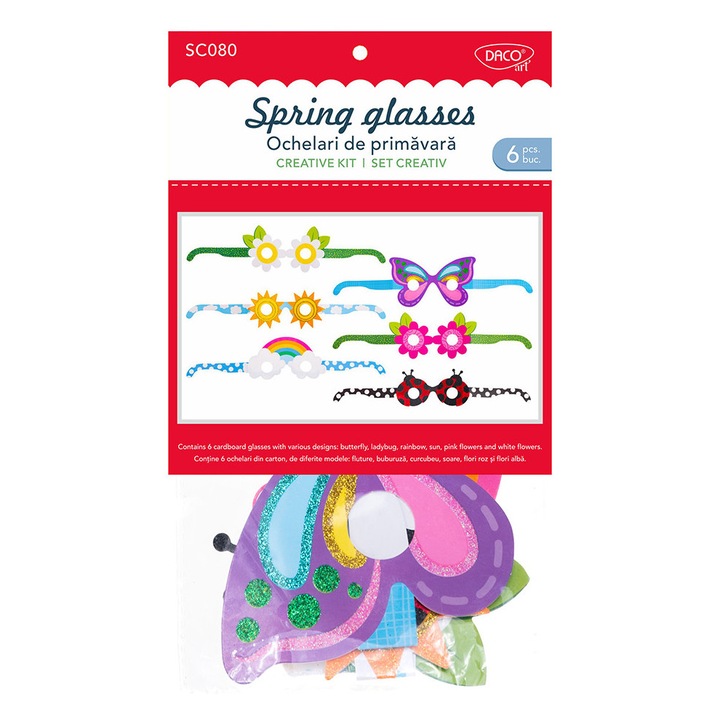 Set 6 ochelari creativi din carton, cu tematica de primavara, modele fluture, buburuza, curcubeu, soare, flori, pentru dezvoltarea imaginatiei si indemanarii copiilor. DACO sku28