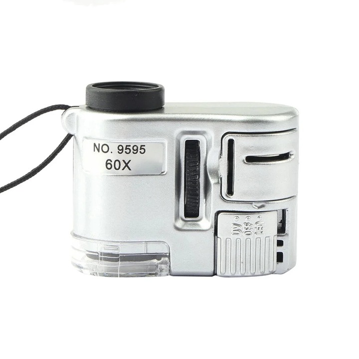 Lupa mini 60X, argintiu, 4x3x2cm, cu detector ultraviolet si lanterna