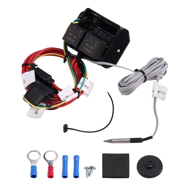 Controler termostat digital 12V pentru ventilator radiator, reglabil, dual relay, negru, set