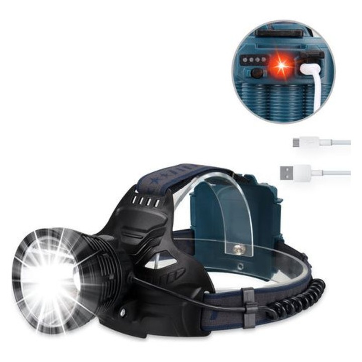 LED fejlámpa 50W, 90000 lumen, állítható, IPX5, 3x18650, 600m világítási távolság