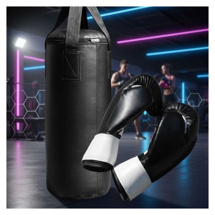 Boxzsák szett, 9 kg, fekete, 60x25x97 cm, 6 oz-os kesztyűvel
