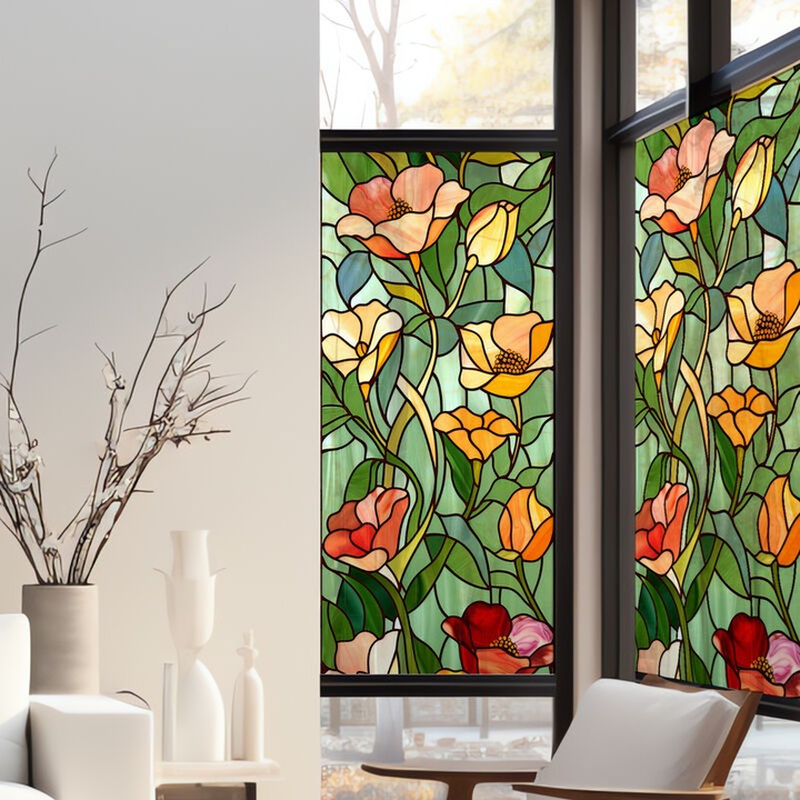 Elektrosztatikus matrica, többszínű virágok, 150x67,5cm, ablakra
