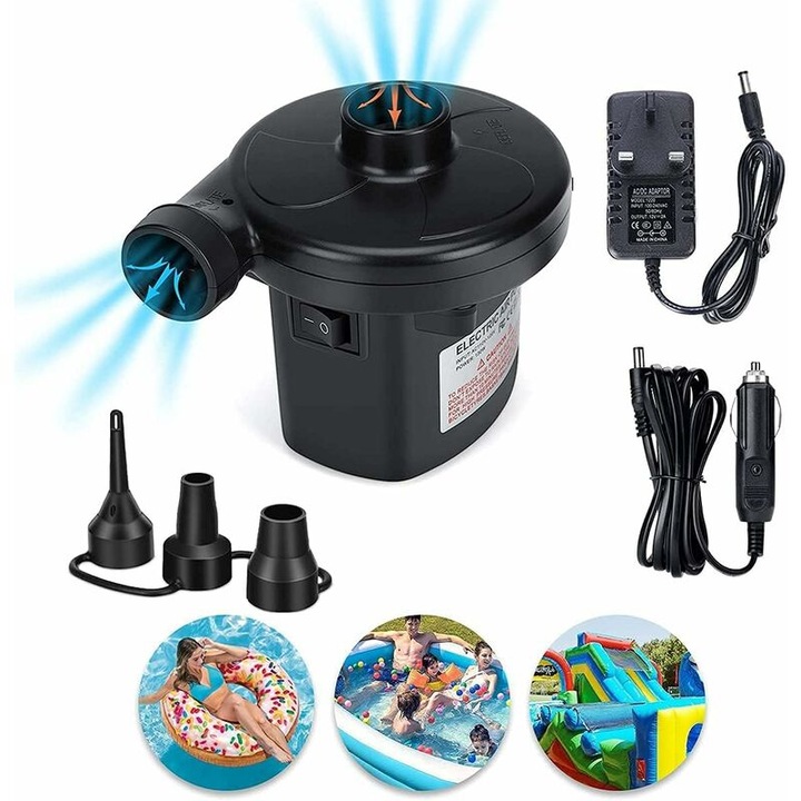 Hordozható 2 az 1-ben elektromos pumpa, gyors, 12V/230-240V, 3 fúvóka, könnyű
