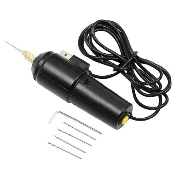 Mini hordozható fúrógép 5V USB, 12,3x3,5cm, 5 fúrófej, imbuszkulcs, multifunkcionális, fehér
