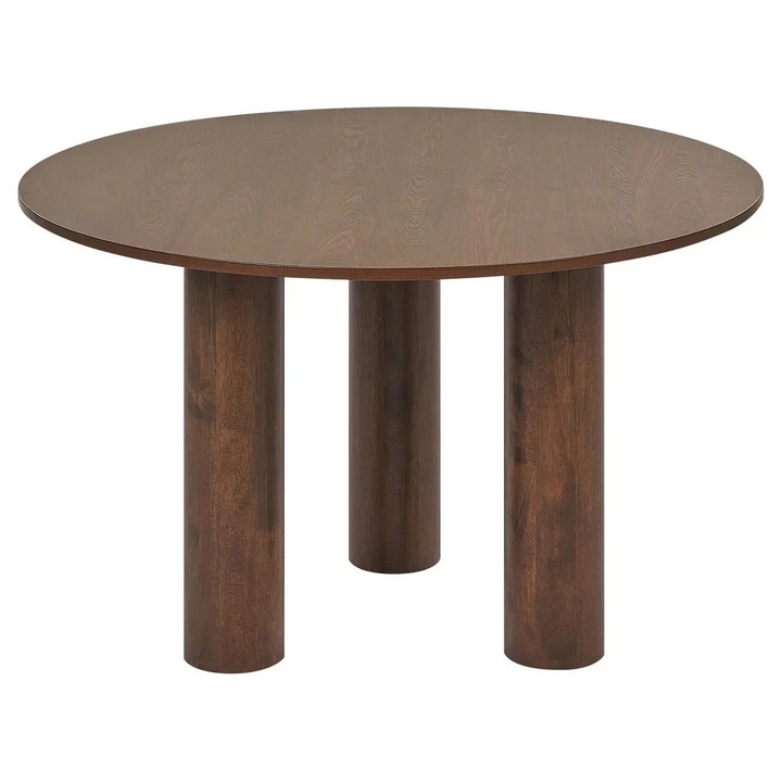 Kerek étkezőasztal MDF asztallappal és gumifa lábakkal, 120 cm átmérőjű, 76 cm magas, 4 személyes, 150 kg teherbírású, sötétbarna - Re-Bloom