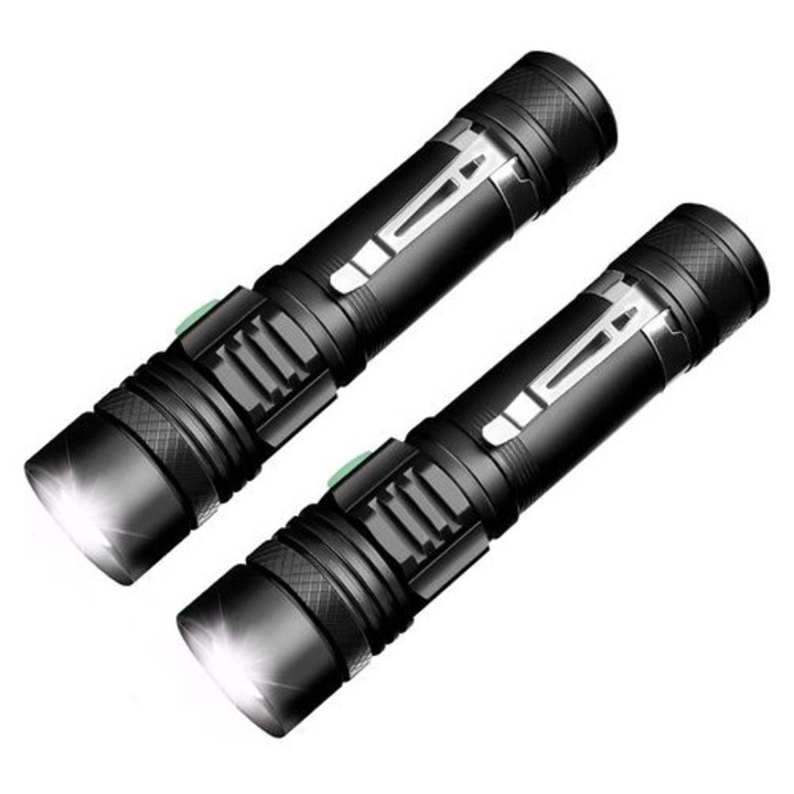 Újratölthető LED lámpa 600LM, vízálló, zoomolható, 4 mód, 2 db, 18650