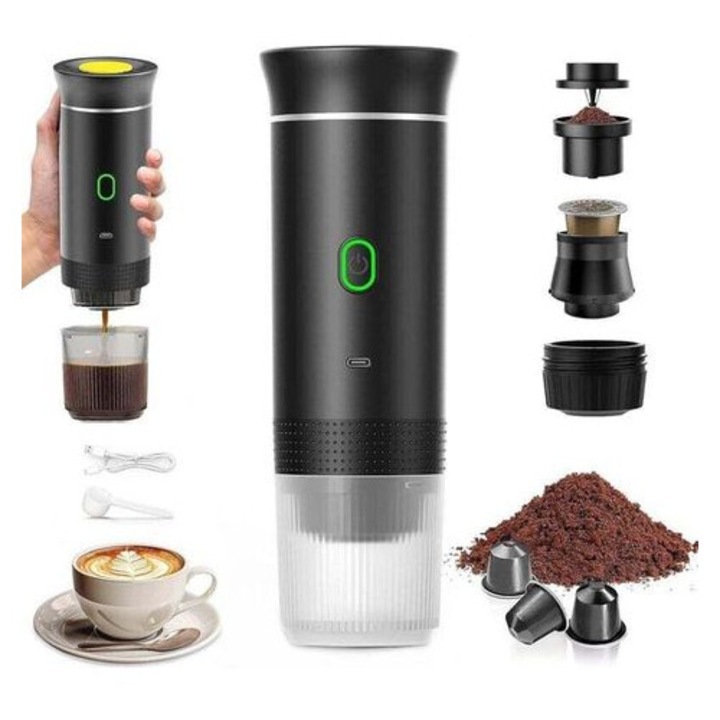 Espressor portabil 3-in-1 CJ-CDON-K0206-260908-196, compatibil capsule si cafea macinata, incalzire rapida 12V, incarcare USB-C, negru