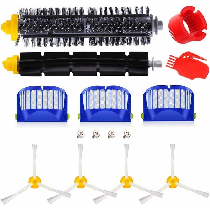 Set piese de schimb compatibil cu Roomba seria 600–691, 3 filtre, 4 perii laterale, perii principale (perie cu peri + perie lamelara), accesorii (suruburi, unealta de curatare), negru/gri, cod 260815BM2389